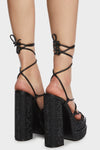 Black Sparkly Diamante Lace Up Platform Block High Heels