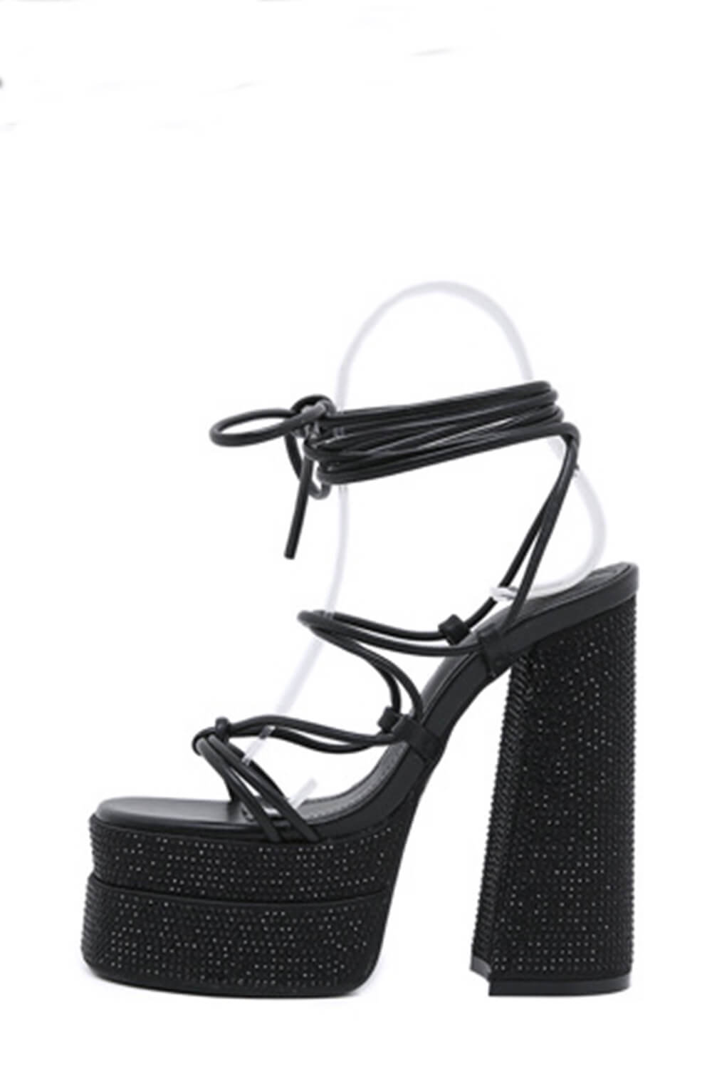 Black Sparkly Diamante Lace Up Platform Block High Heels