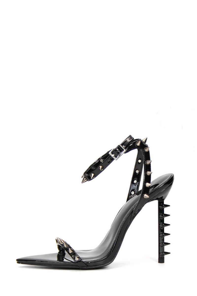 Spiked Studs Open Pointed Toe Stiletto Heeled Ankle Sandals - Black