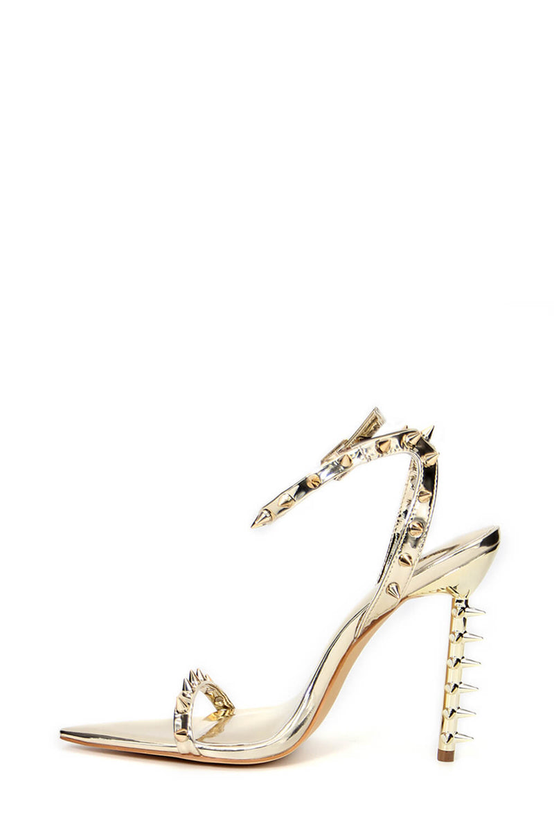 Spiked Studs Open Pointed Toe Stiletto Heeled Ankle Sandals - Gold