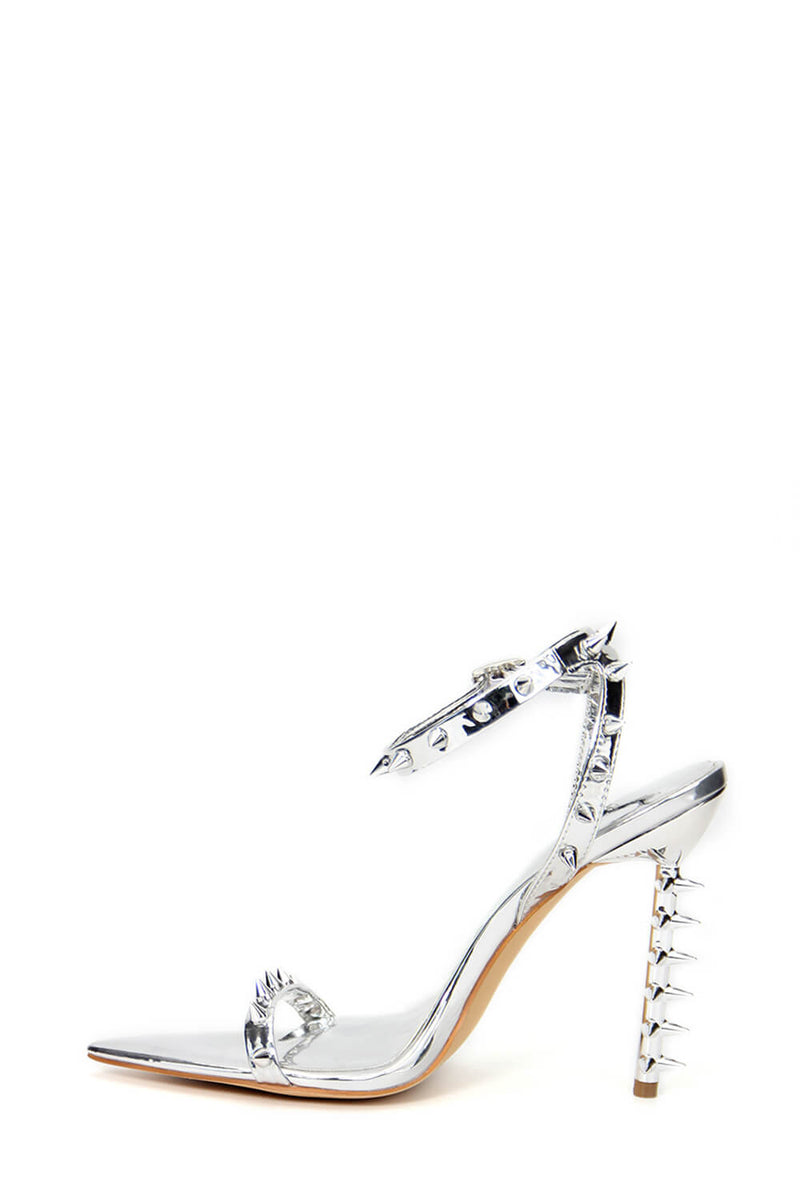Spiked Studs Open Pointed Toe Stiletto Heeled Ankle Sandals - Silver