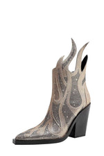 Rhinestone-Embellished Flame Mid-Calf Western Cowboy Pointed Toe Block Heeled Boots - Gold