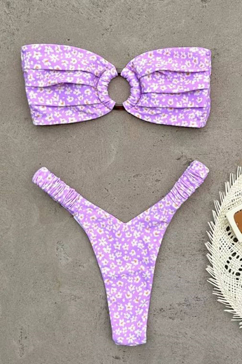 Strapless Bandeau High Cut Bikini Set With Tortoise Shell O-Ring Detail - Lilac Petals