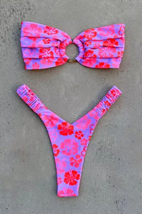 Strapless Bandeau High Cut Bikini Set With Tortoise Shell O-Ring Detail - Cherry Berry