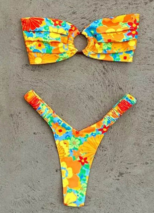 Strapless Bandeau High Cut Bikini Set With Tortoise Shell O-Ring Detail - Rumba Rose
