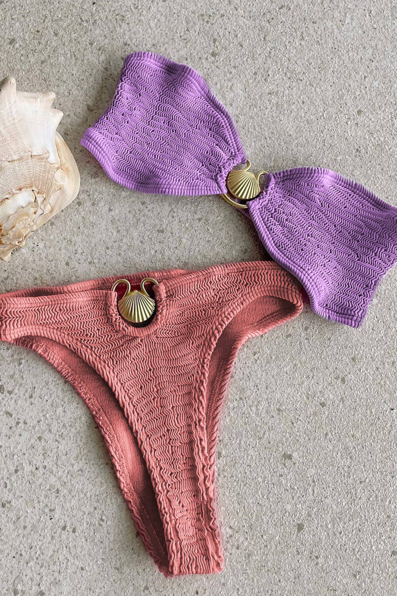 Colorblock Bandeau Crinkle High Rise Bikini Set With Gold Shell Detail - Lilac & Salmon