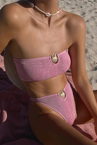 Baby Pink Crinkle Strapless High Waisted Swimsuit With Gold Shell Detail