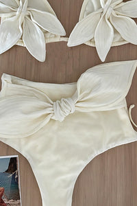 Cream Triangle Flower Applique High-Waisted Tie Front Bikini Set