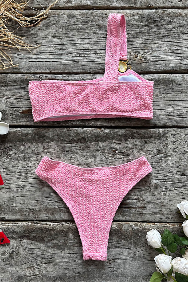 Pink Crinkle One Shoulder High-Rise Bikini Set
