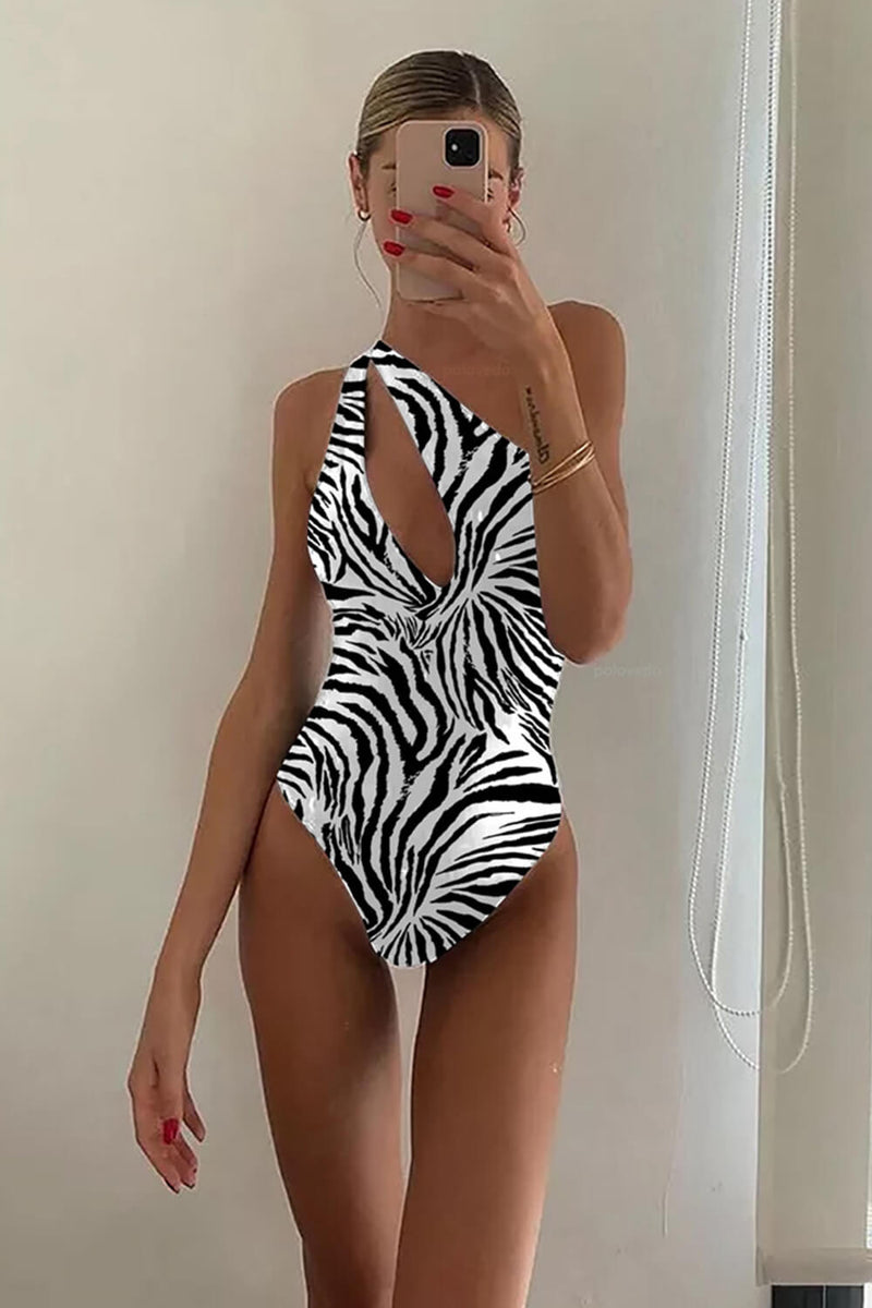 Zebra Print Cut Out One-Shoulder One-Piece Swimsuit