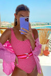 White Pink Contrast Belted One Piece Swimsuit