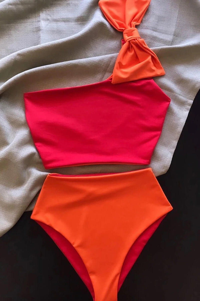 Colorblock Bow Tie Cropped One Shoulder High Waisted Bikini Set