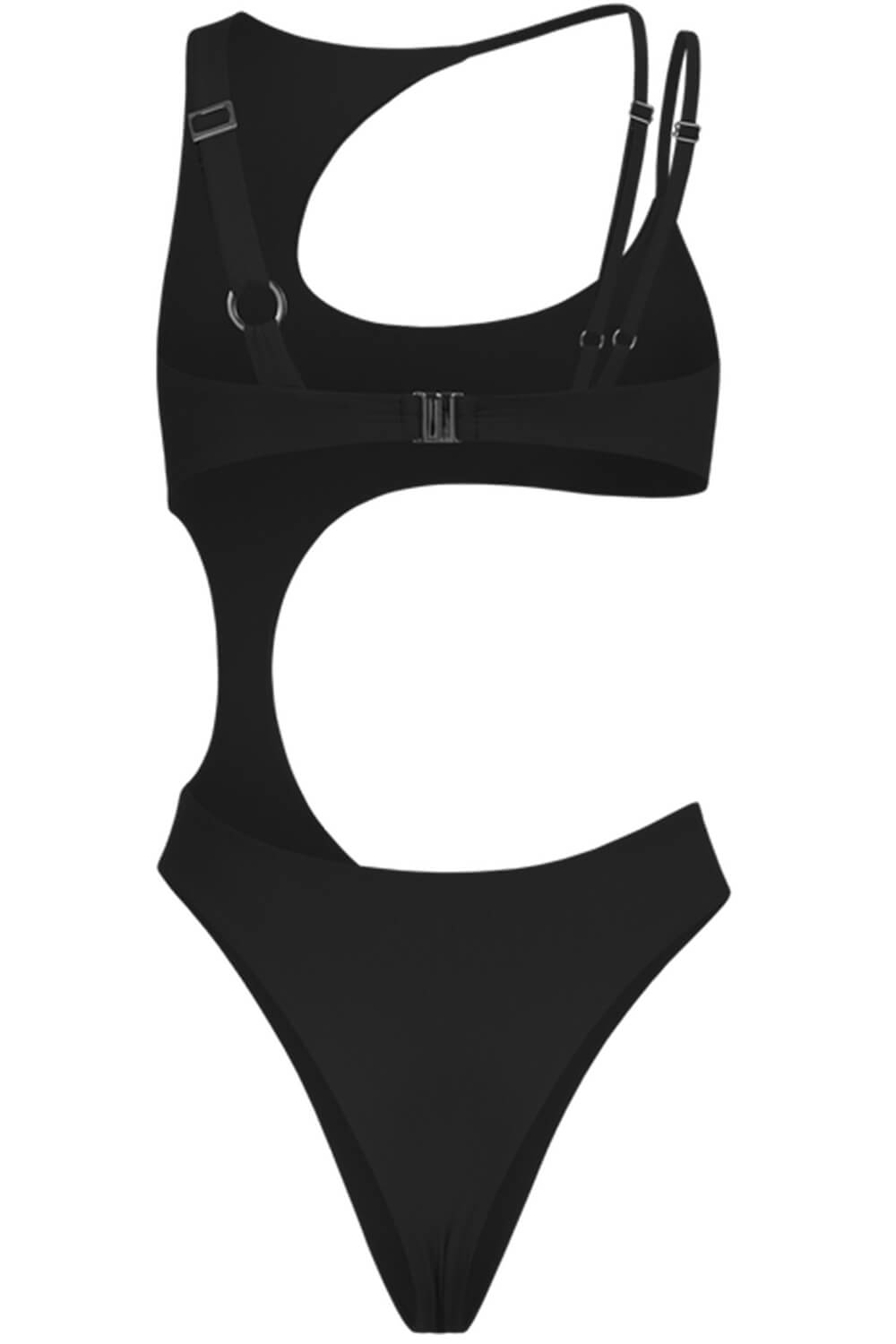 Black Asymmetric Cut Out One Piece Swimsuit FloralKini