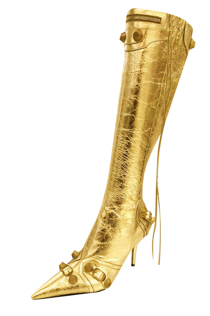 Metallic High Pointed Toe Stiletto Boots With Studs And Pin Buckle Strap Details - Gold