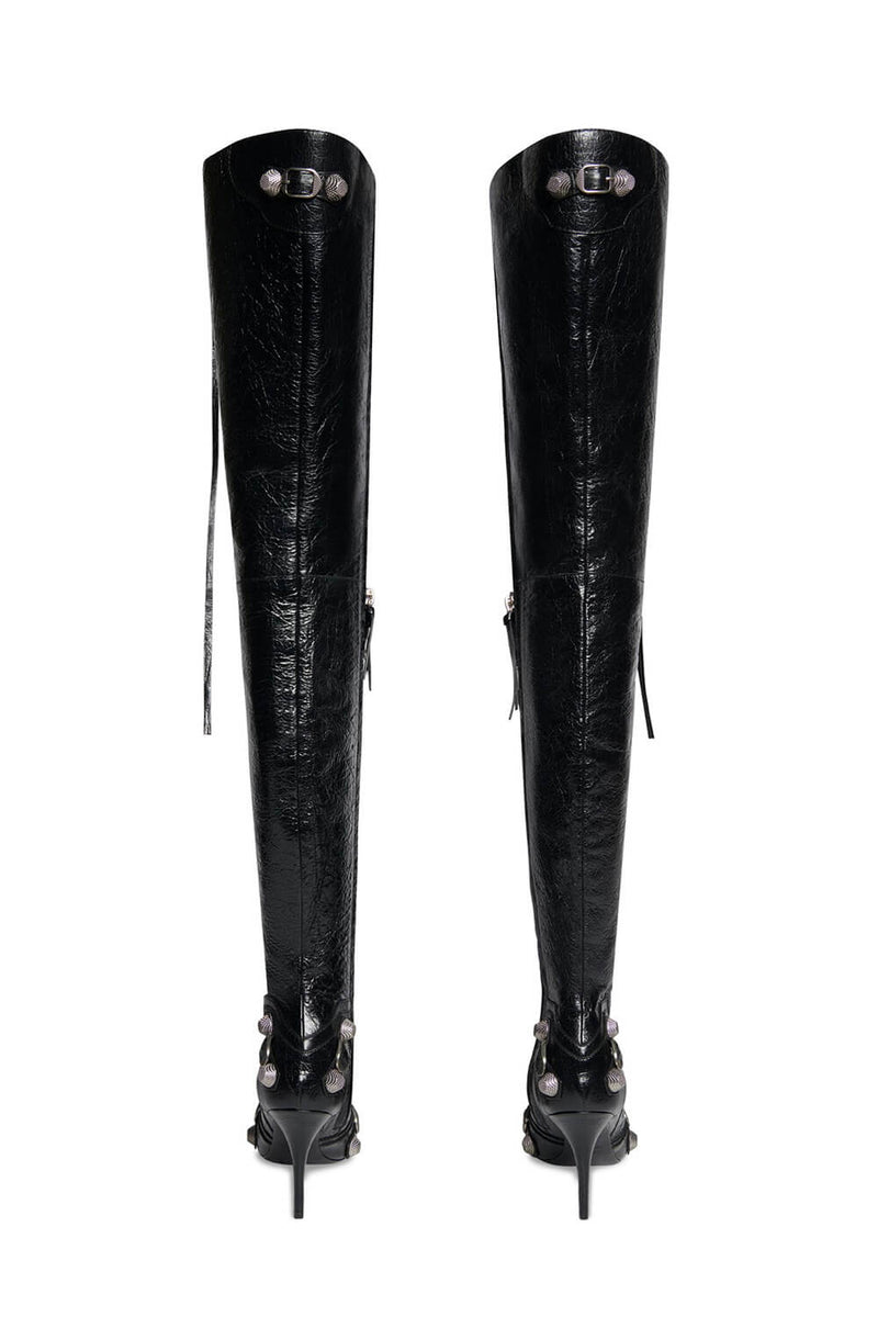 Pointed Toe Over-The-Knee Stiletto Boots With Studs And Pin Buckle Strap Details - Black