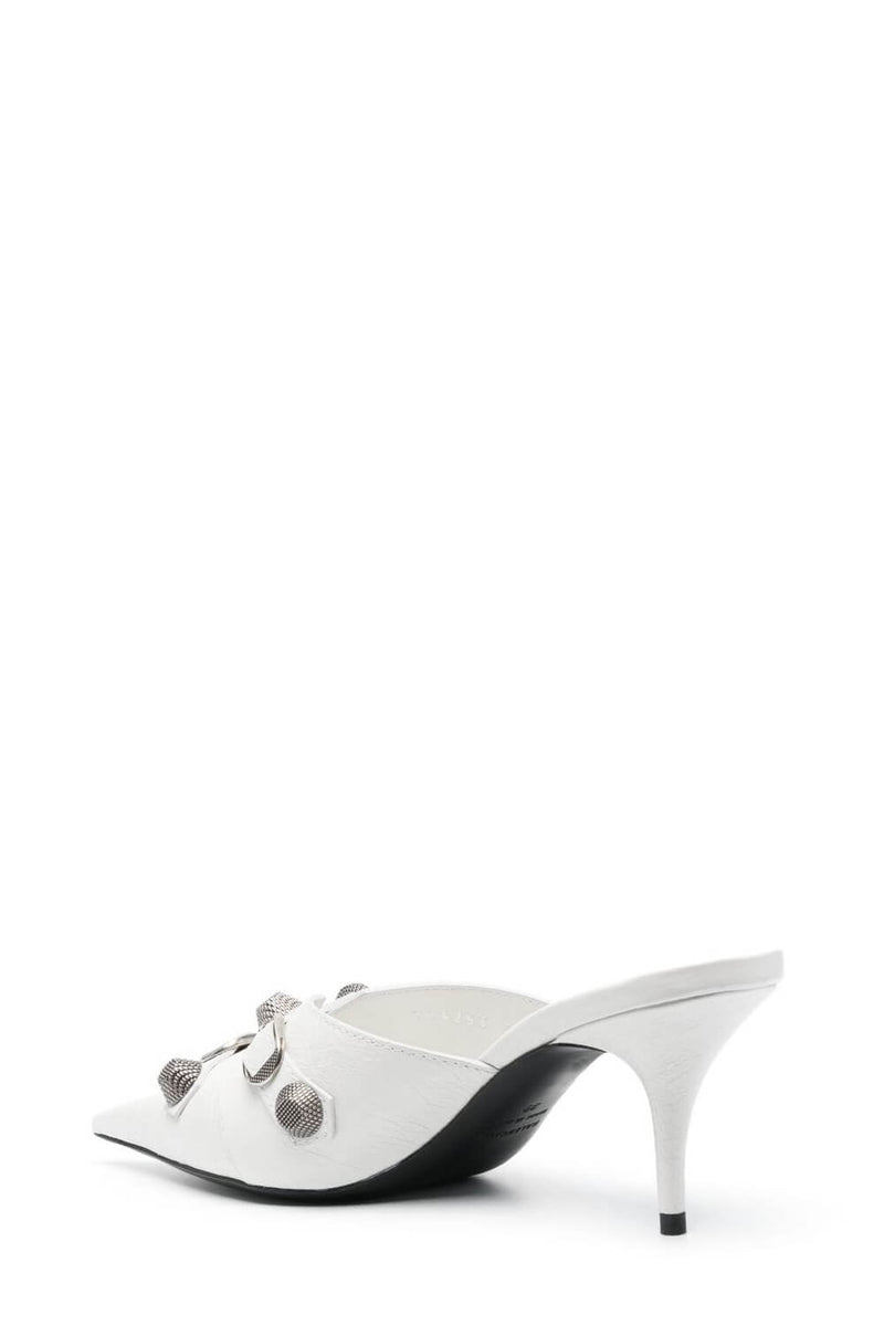 Pointed Toe Stiletto Mules With Studs And Pin Buckle Strap Details - White