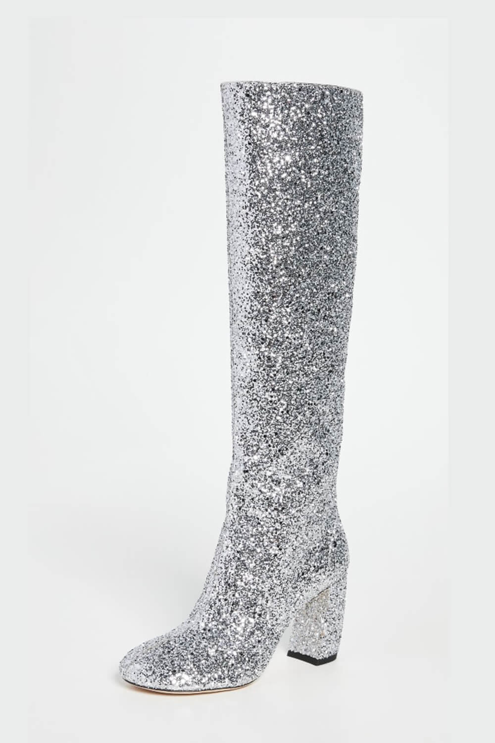 Silver Glitter Knee High Block Heeled Boots FloralKini