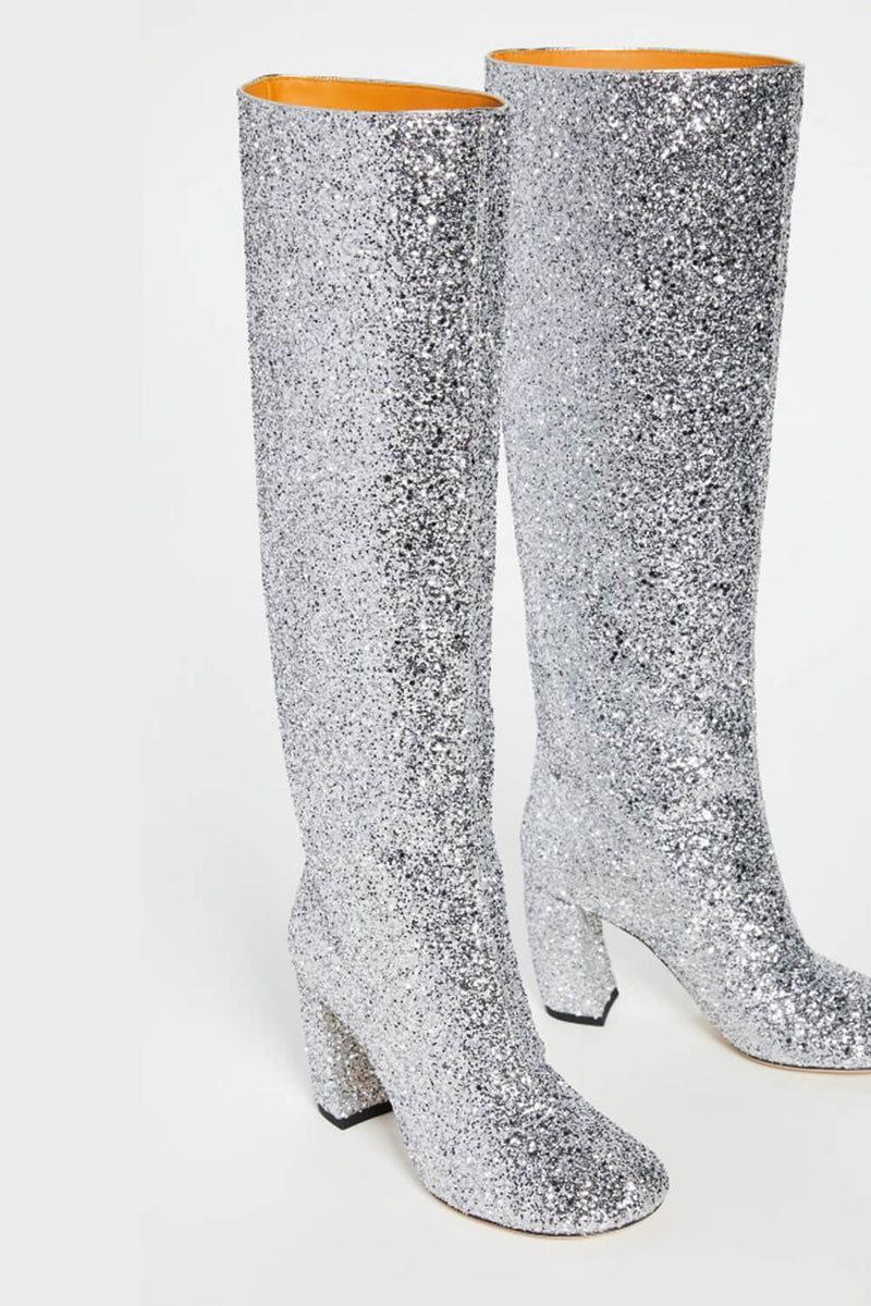 Silver Glitter Knee High Block Heeled Boots FloralKini