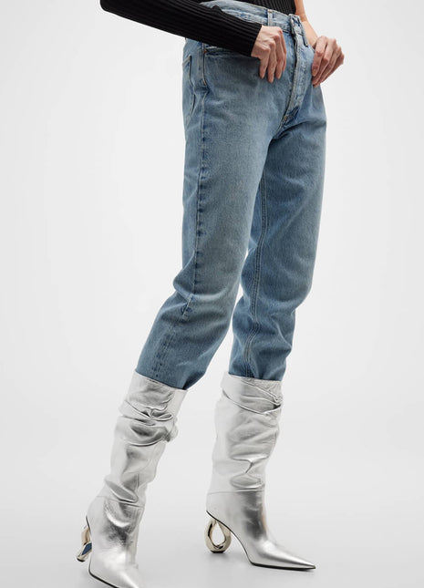 Metallic Slouchy Pointed Toe Chain-Heel Mid Boots - Silver