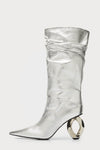 Metallic Slouchy Pointed Toe Chain-Heel Mid Boots - Silver