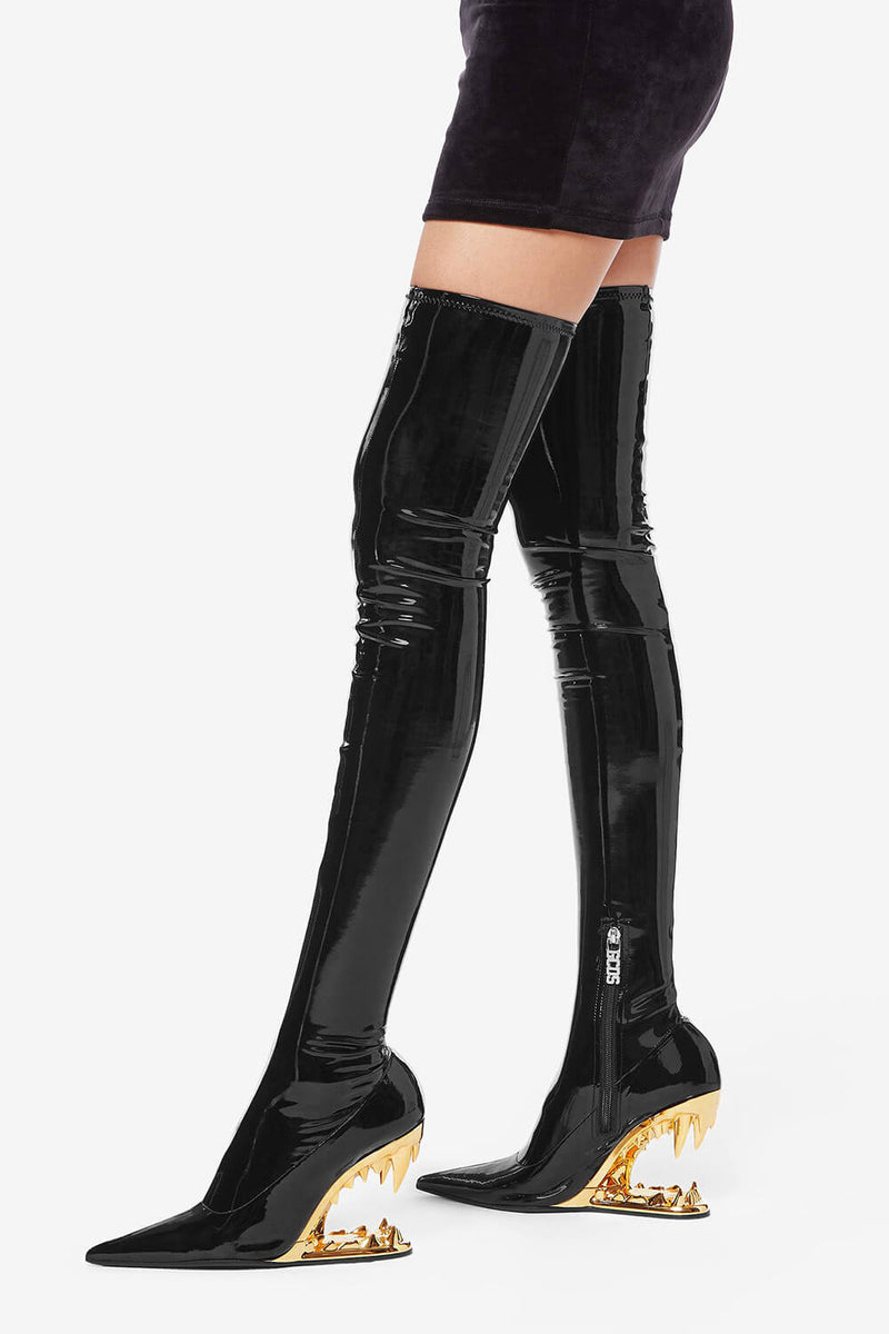 Patent Pointed Toe Over-The-Knee Morso Heeled Boots - Gold