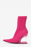 Ribbed Sock Pointed Toe Ankle Morso Heeled Boots - Hot Pink