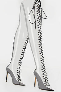 Clear Perspex Lace Up Open Pointed Toe Thigh High Stiletto Boots - Black