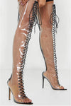 Clear Perspex Lace Up Open Pointed Toe Thigh High Stiletto Boots - Black
