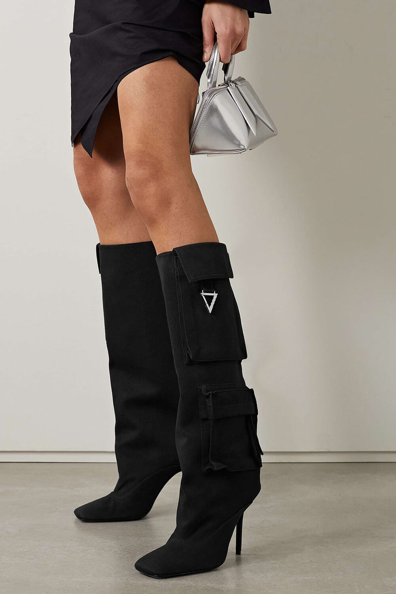 Denim Flap Pocket Embellished Square Toe Knee-High Stiletto Heeled Boots - Black