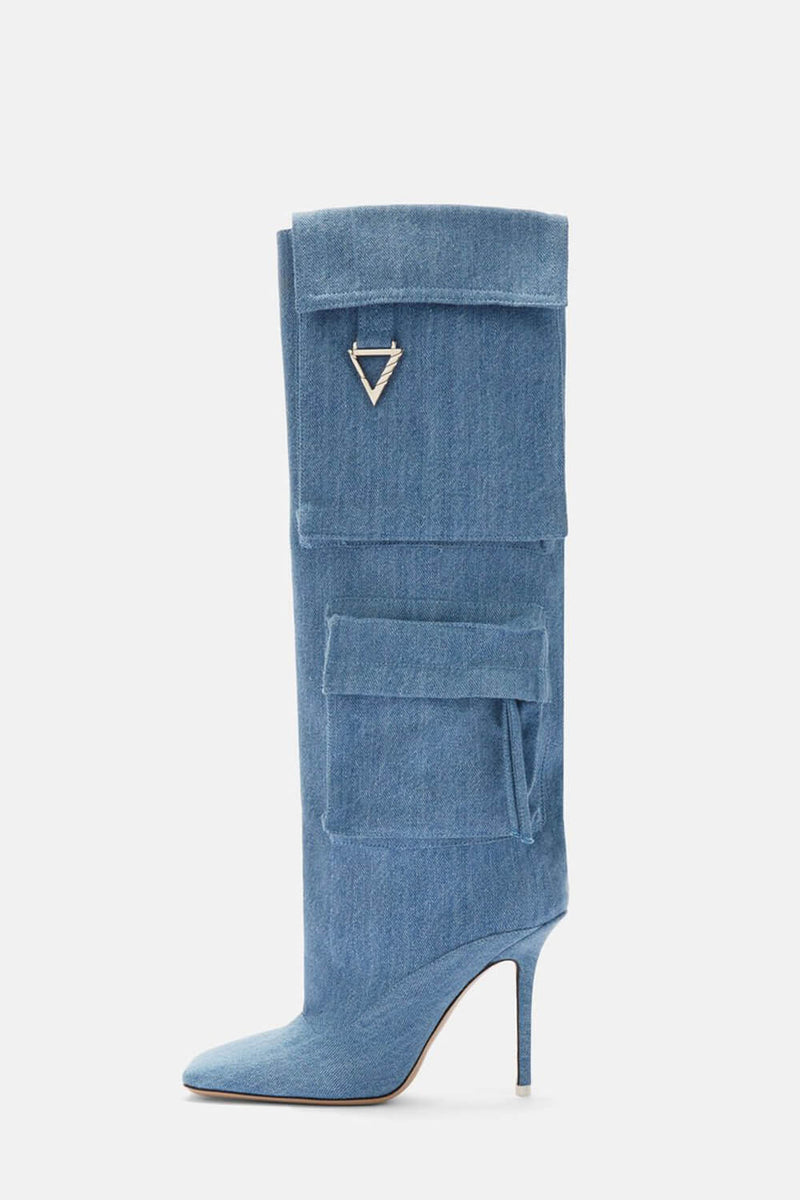 Denim Flap Pocket Embellished Square Toe Knee-High Stiletto Heeled Boots - Blue