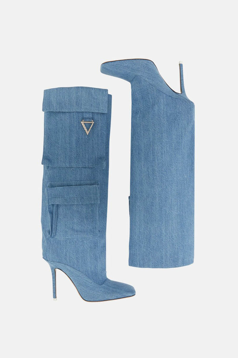 Denim Flap Pocket Embellished Square Toe Knee-High Stiletto Heeled Boots - Blue