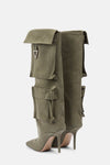Denim Flap Pocket Embellished Square Toe Knee-High Stiletto Heeled Boots - Khaki