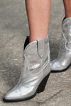 Silver Metallic Cowboy Pointed Toe Block Heeled Ankle Boots