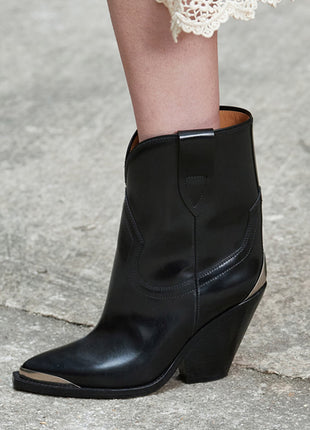 Faux Leather Cowboy Pointed Toe Block Heeled Ankle Boots - Black