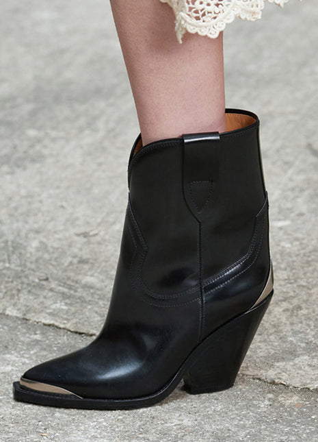 Faux Leather Cowboy Pointed Toe Block Heeled Ankle Boots - Black