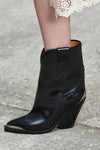 Faux Leather Cowboy Pointed Toe Block Heeled Ankle Boots - Black