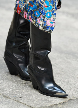 Faux Leather Cowboy Pointed Toe Block Heeled Ankle Boots - Black