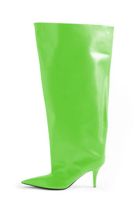 Bucket Point Toe Over The Knee Stiletto Heeled Boots - Neon Green