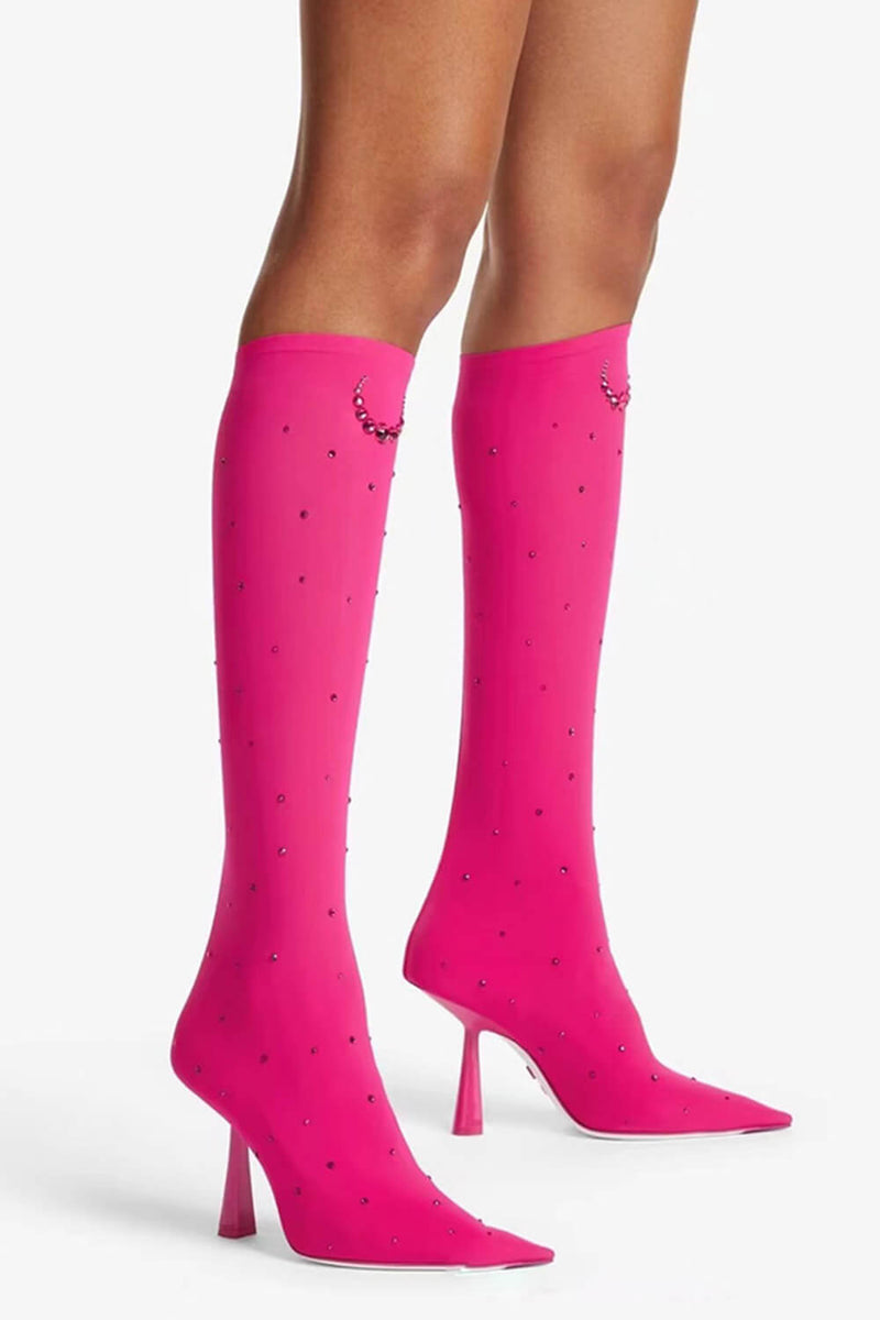 Crystal Embellished Pointed Toe Knee High Heeled Sock Boots - Hot Pink