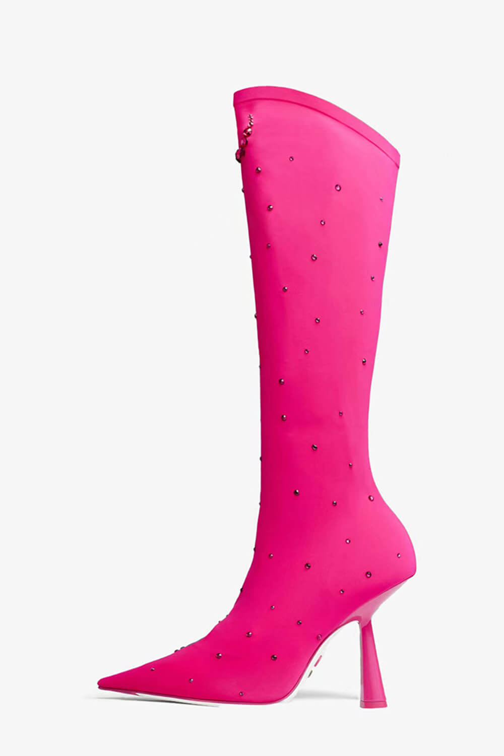 Crystal Embellished Pointed Toe Knee High Heeled Sock Boots - Hot Pink