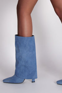 Denim Folded Mid Calf Pointed Toe Block Heel Boots