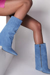 Denim Folded Mid Calf Pointed Toe Block Heel Boots