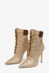 Crystal Embellished Gold Pointed Toe Lace Up Ankle Stiletto Boots