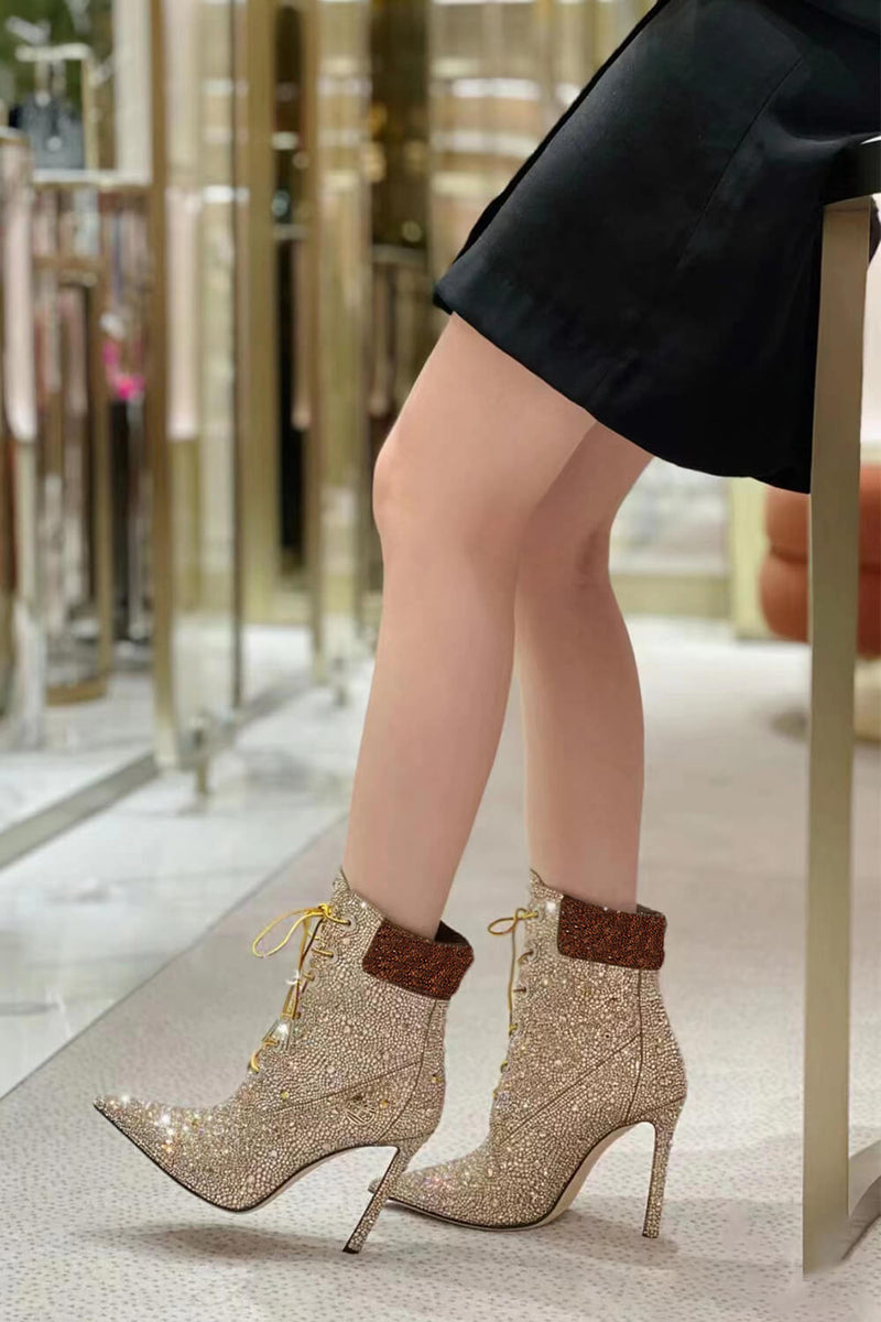 Crystal Embellished Gold Pointed Toe Lace Up Ankle Stiletto Boots