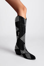 Rhinestones Embellished Faux Leather Western Cowboy Pointed Toe Block Heeled Knee High Boots