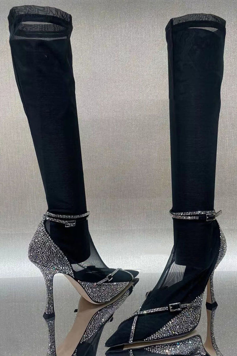 Crystal Embellished Mesh Sock Pointed Toe Knee-Length Stiletto Boots