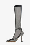Crystal Embellished Mesh Sock Pointed Toe Knee-Length Stiletto Boots