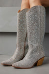 Rhinestone-Embellished Knee High Western Cowboy Pointed Toe Block Heeled Boots