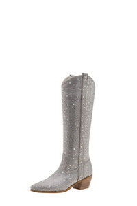 Rhinestone-Embellished Knee High Western Cowboy Pointed Toe Block Heeled Boots