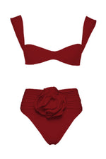 Bustier Rose Applique Ruched High-Wasited Bikini Set